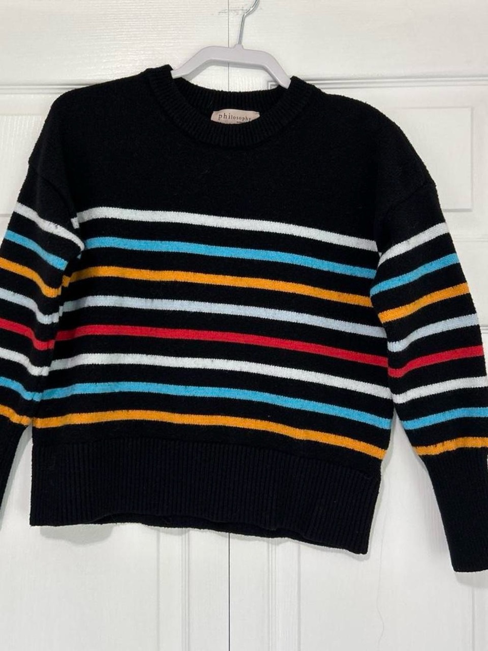 Philosophy Black Crewneck Sweater with Multi-Color Stripes